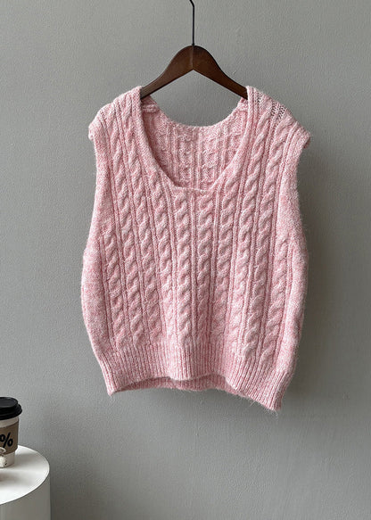 Women Light Green U Neck Cable Knit Vest Sleeveless WD001