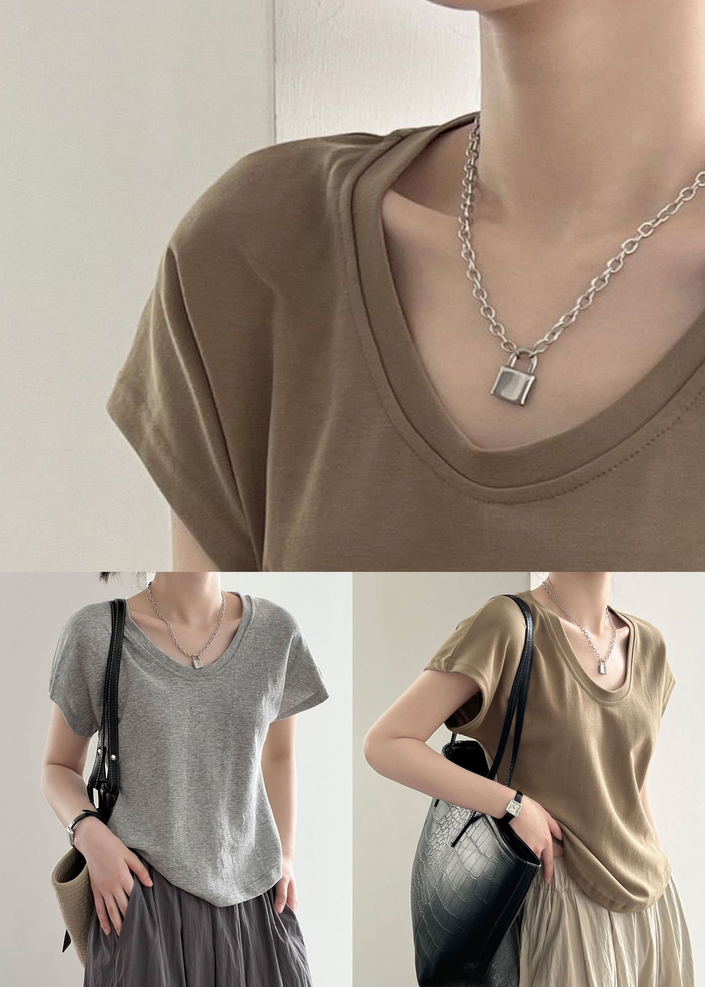 Summer Solid Simple Coffee T Neck O Shirt Cotton