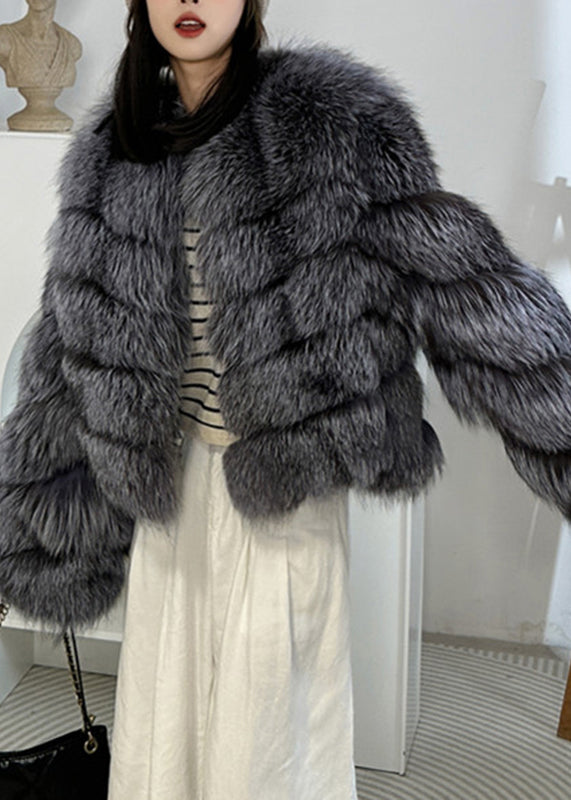 Grey Patchwork Leather And Fur Jacket Winter WV010