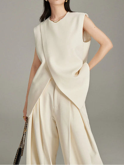 Modern Sleeveless Slit Tunic Top Hem O-neck Cream