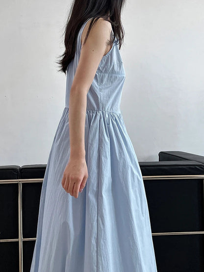Patchwork O-neck Dress Simple Sleeveless Blue Puff Hem