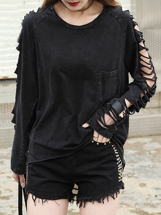 Black Sleeves T-shirt Out Long Round-neck Street Loose Hollow