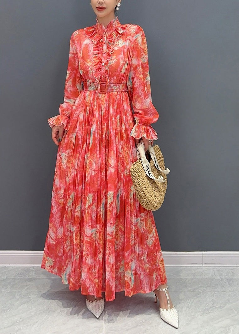 Collar Print Fashion Long Stand Chiffon Sashes Dress Red