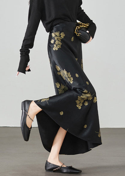 Print New Waist High Summer Skirt Silk Black