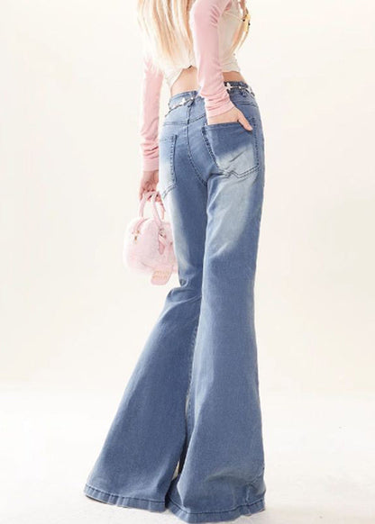 Butterfly Embroidered Style Bottoms Blue Flare Denim Patchwork
