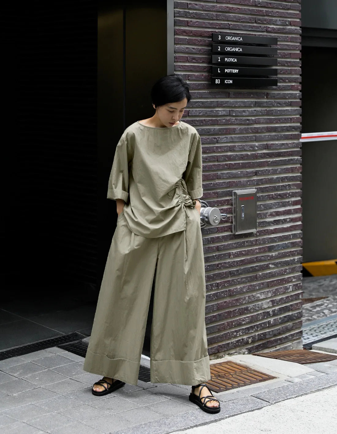 Casual Cotton Top Drawstring Sleeve Khaki Half Asymmetrical