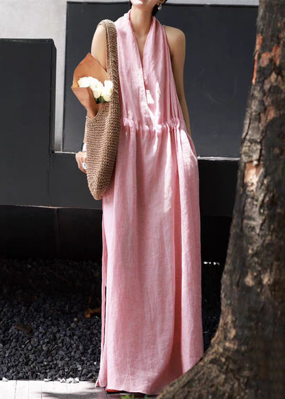 Waist Simple Tie Pockets Pink Sleeveless Dresses Linen Long