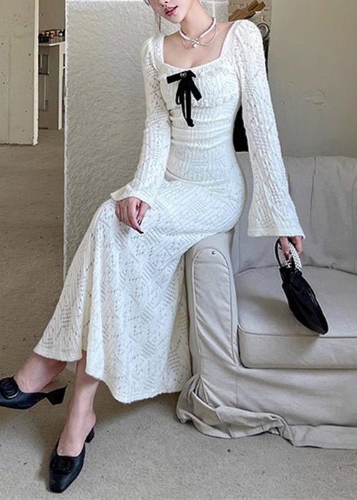 Dresses Hollow Square White Cotton Long Collar Spring Out Elegant