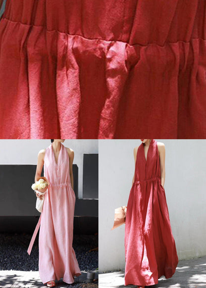 Waist Simple Tie Pockets Pink Sleeveless Dresses Linen Long