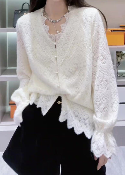 French Lace Neck White V Top Patchwork Spring