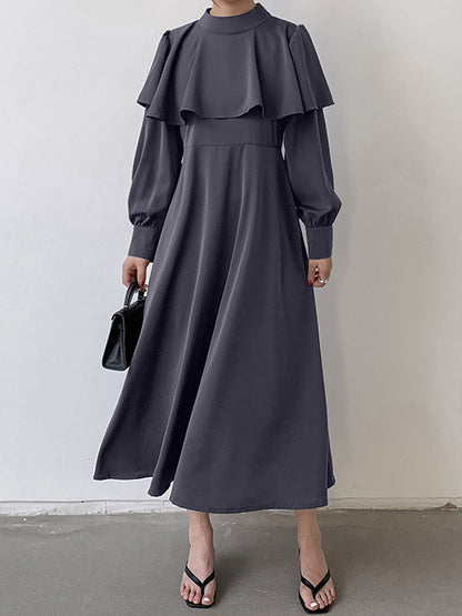 Ruffle Waist Long Mock Tied A-Line Elegant Trim Neck Coffee