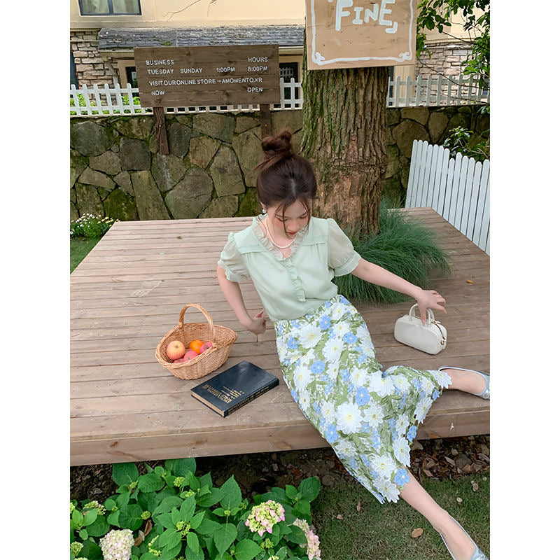 Straight Floral Green Elegant Skirt Embroidery