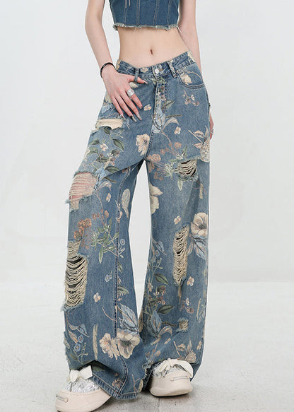 High Hole Print Denim Unique Blue Waist Summer Pants
