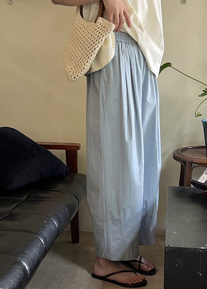 Blue Summer Solid Pants Loose Cotton Elastic Crop Waist