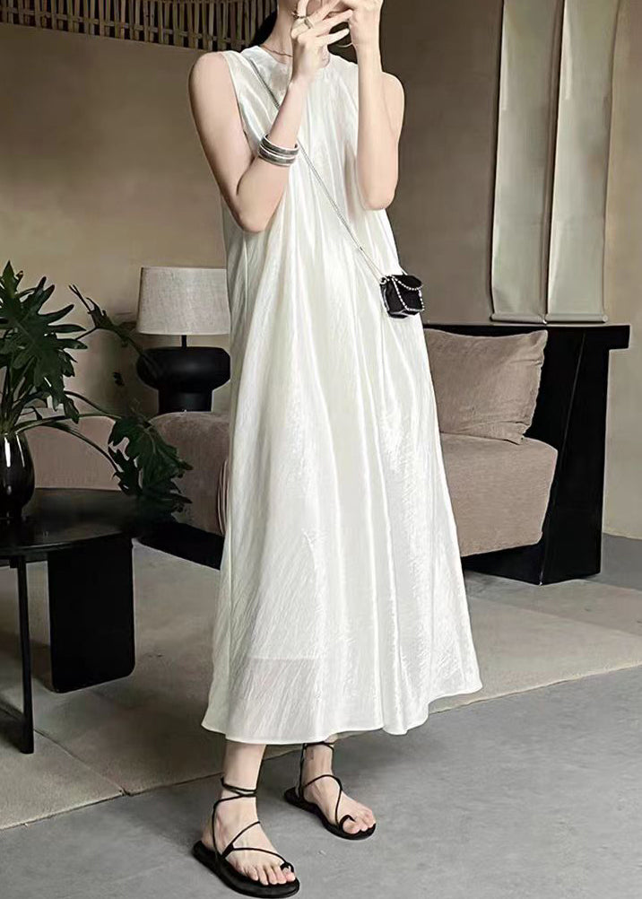 French Apricot O-Neck Solid Silk Long Dress Sleeveless EE036