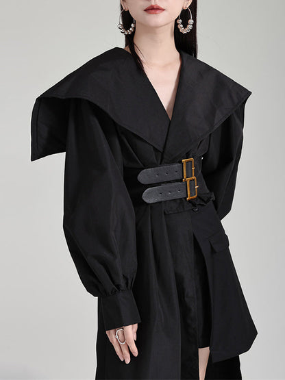 Pleated Black Asymmetric Lapel Waisted Long High Modern Belted
