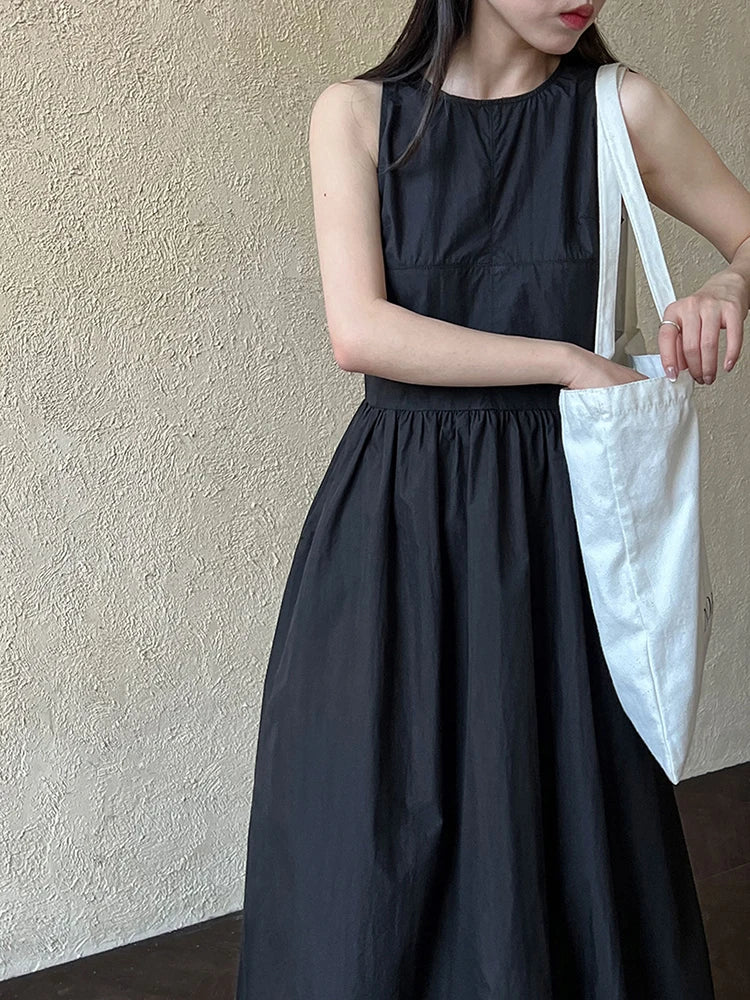 Patchwork O-neck Dress Simple Sleeveless Blue Puff Hem