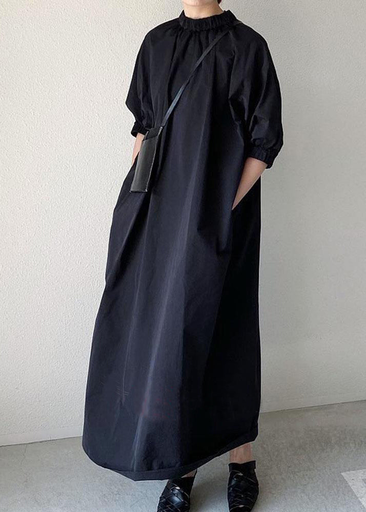Navy Back Zippered Dress Half Women Cotton Maxi Sleeve