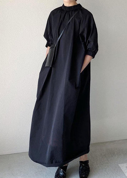 Navy Back Zippered Dress Half Women Cotton Maxi Sleeve