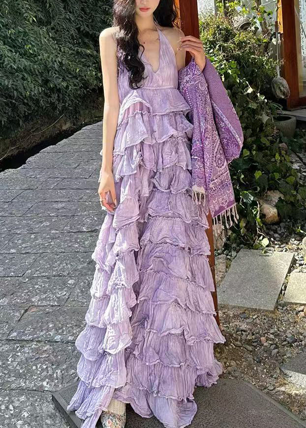 Dresses Maxi Sexy Neck Sleeveless Cotton Purple V Backless