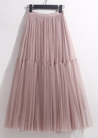 Tulle Patchwork High Waist Skirt Loose Summer Pleated Pink