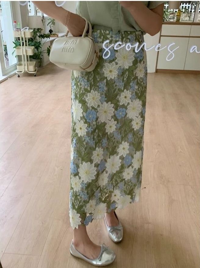 Floral Green Straight Elegant Embroidery Skirt
