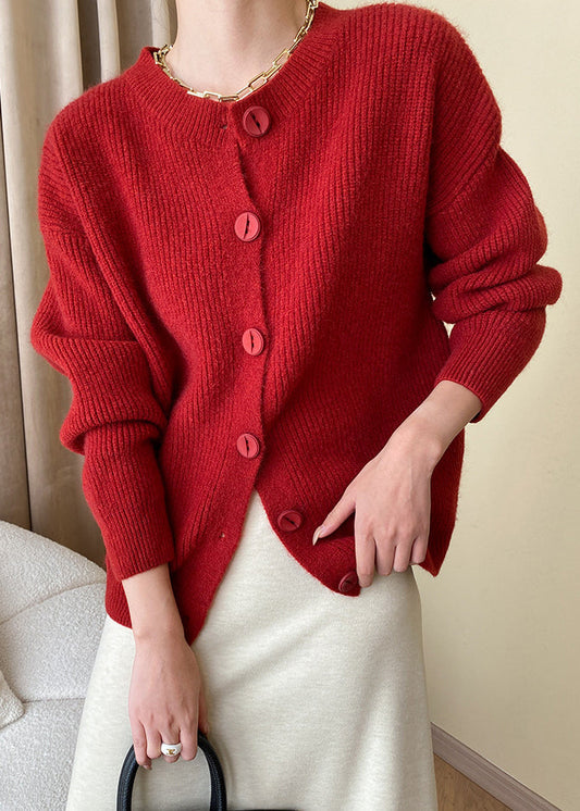 Loose Red Button Solid Knit Coats Fall AF1036