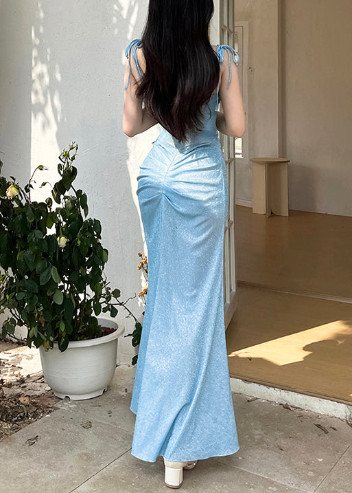 Strap Dinner Spaghetti Design Original Blue Wrinkled Dress