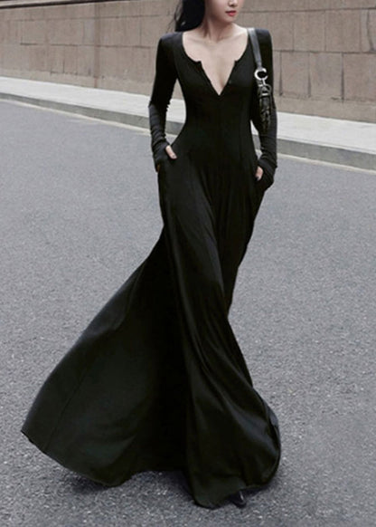 V Spring New Long Fit Black Dress Slim Simple Neck Cotton