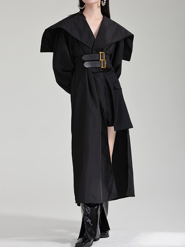 Pleated Black Asymmetric Lapel Waisted Long High Modern Belted