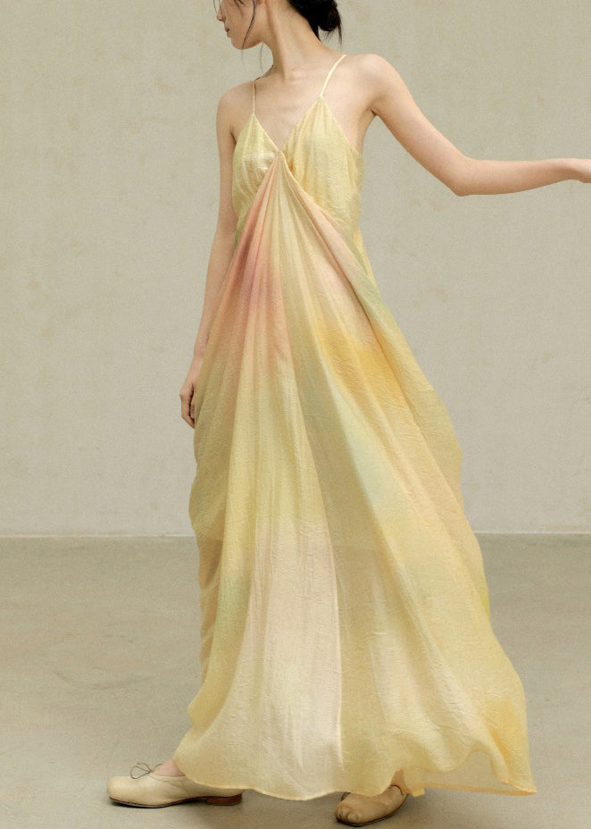 Novelty Wrinkled Dye Spaghetti Cotton Dress Tie Yellow Strap