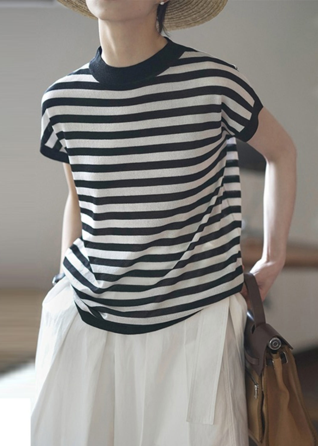 Collar Stand Tanks Striped Summer Women Cotton Red