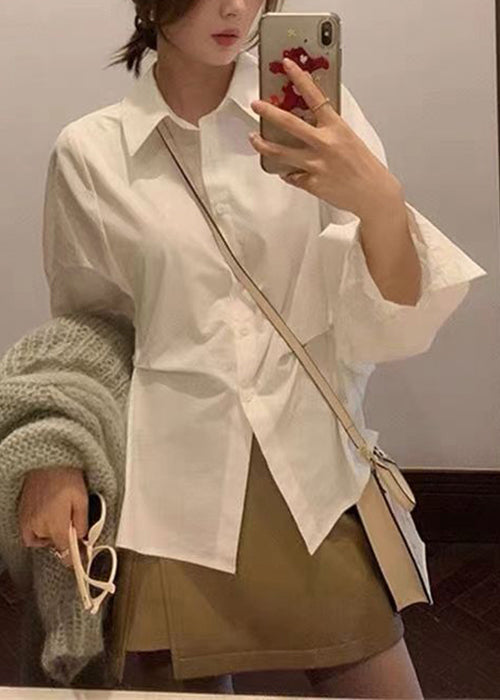 White Loose Pan Peter Button Collar Cotton Blouse Patchwork