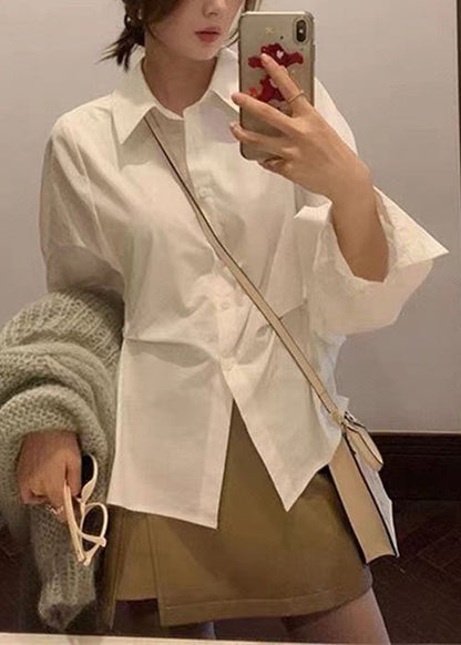 White Loose Pan Peter Button Collar Cotton Blouse Patchwork