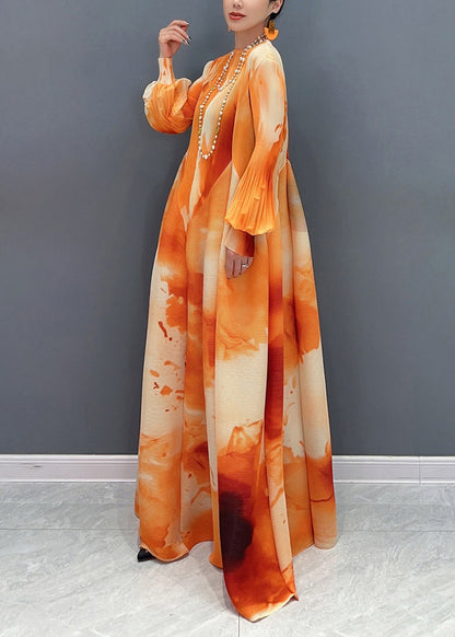 Chic Chiffon Stand Spring Long Orange Dress Wrinkled Collar