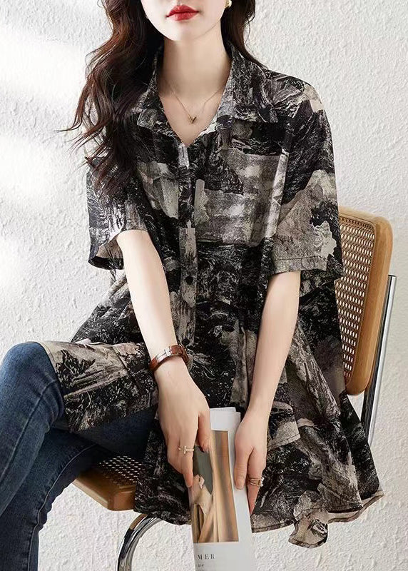 Loose Black Button Print Low High Design Cotton Shirt Summer NN045