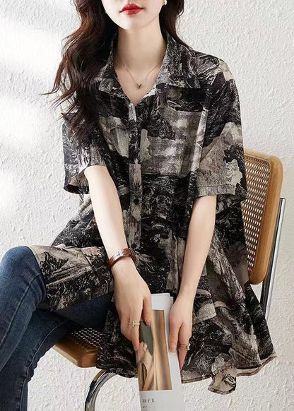 Loose Black Button Print Low High Design Cotton Shirt Summer NN045