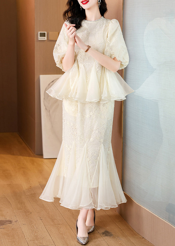 Embroidered Silk Chic And Fishtail Two Skirt Tops Beige Pieces