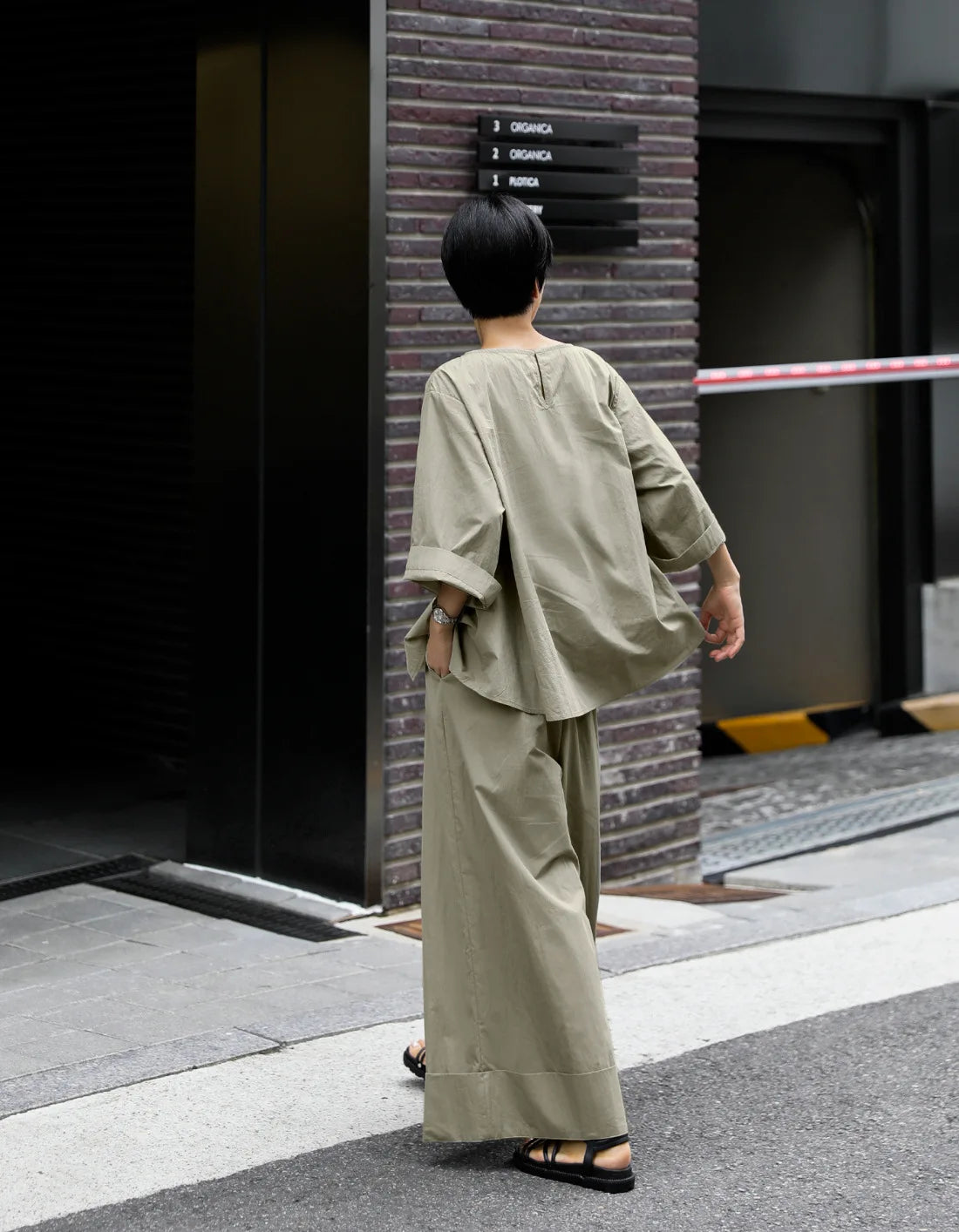 Casual Cotton Top Drawstring Sleeve Khaki Half Asymmetrical