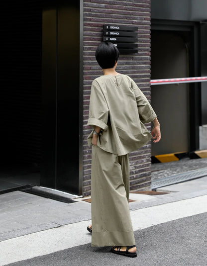 Casual Cotton Top Drawstring Sleeve Khaki Half Asymmetrical