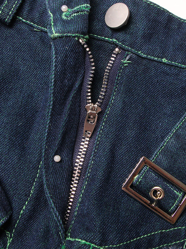 Stylish Denim With Belted Patchwork Blue Green Tulle A-Line Skirt TT1038