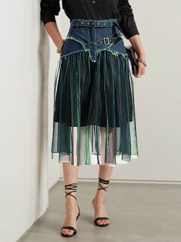 Denim Shiny Waisted Skirt A-Line Green Belted Chic High Tulle