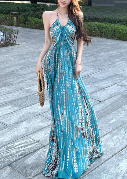 Print Dress Sleeveless Backless Blue Vacation Cotton Stylish