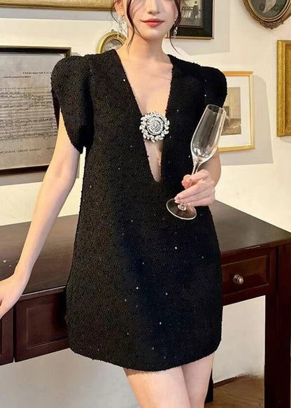 French Black V Neck Zircon Cotton Mid Dress Summer QP034