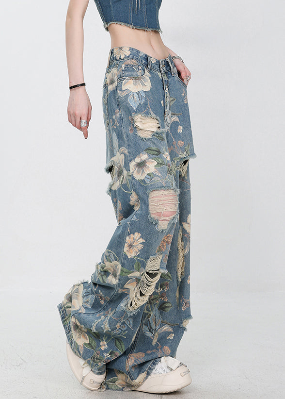 High Hole Print Denim Unique Blue Waist Summer Pants