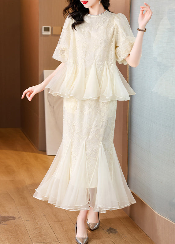 Embroidered Silk Chic And Fishtail Two Skirt Tops Beige Pieces