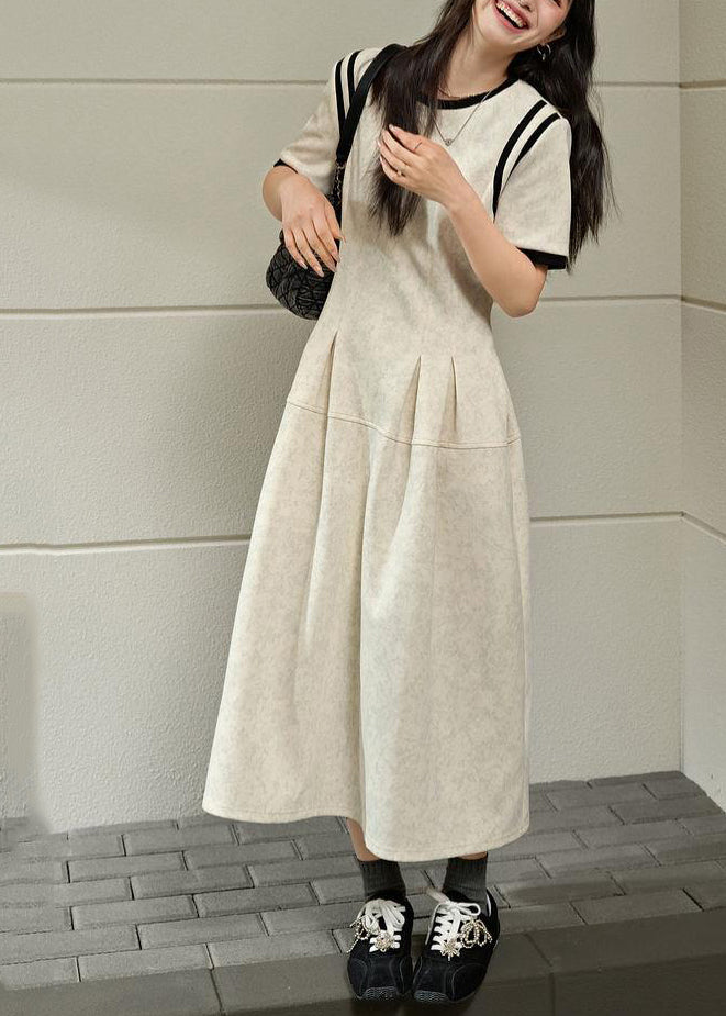 Brief O-Neck Wrinkled Maxi Grey Light Dresses Patchwork Summer