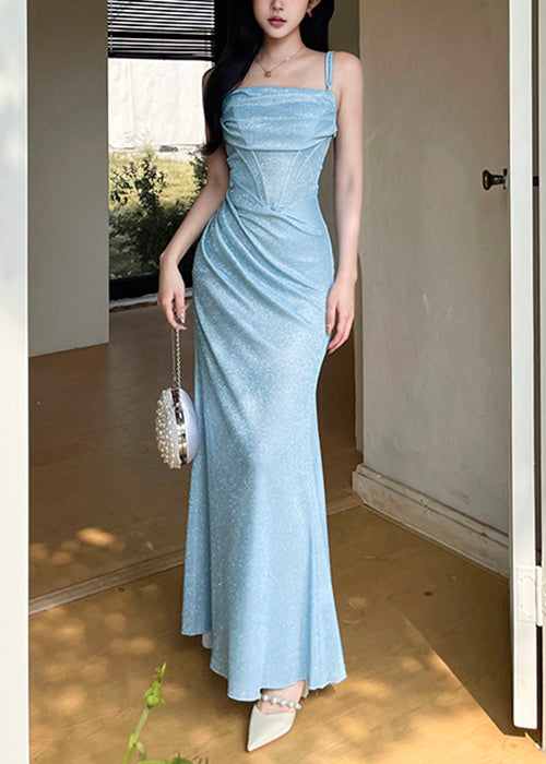 Strap Dinner Spaghetti Design Original Blue Wrinkled Dress