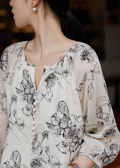 White Boho Oversized Shirts Sleeve Bracelet Cotton Print