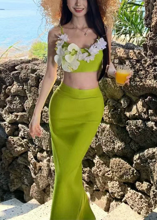 Chic Green Tank Cotton Floral Skirts And Side Set Two-Piece Open